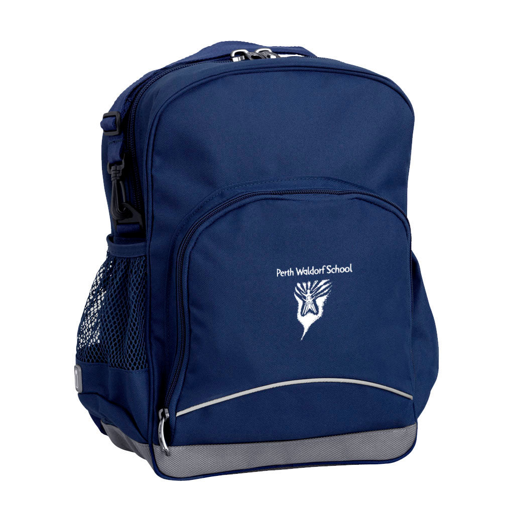 Perth Waldorf School front angle view of the Kindy Backpack in colour Navy featuring a small front pocket, spacious main compartment with D-ring keychain, detachable shoulder strap, mesh water bottle pocket, and reflective piping for visibility