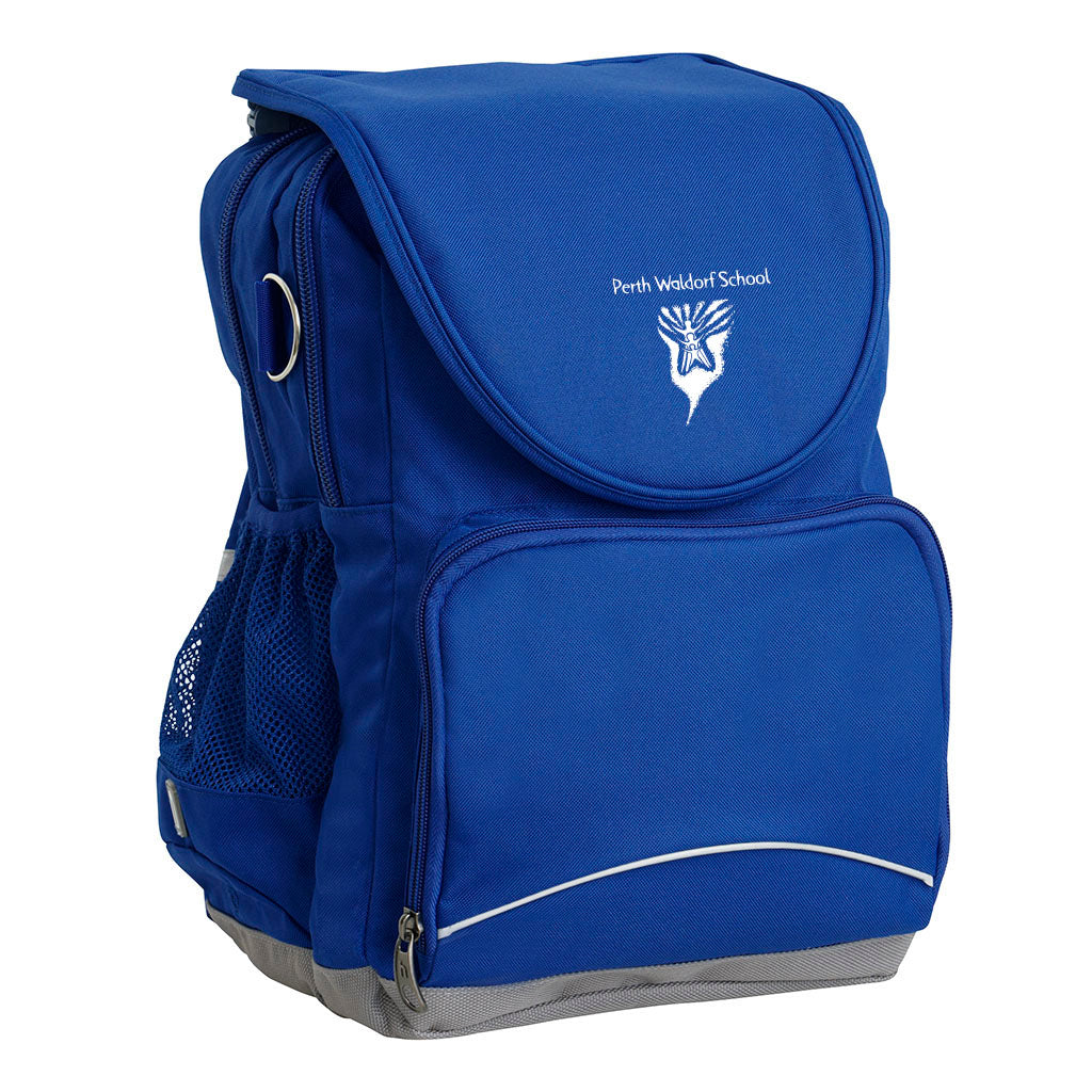 Perth Waldorf School Ergo Tuff-Pack backpack Royal. Front side angle, padded shoulder straps, two zipper compartments, front zipper pocket, D-Ring and mesh water bottle.