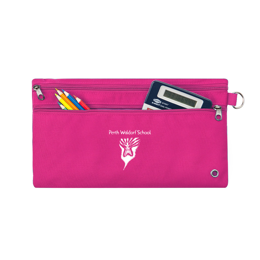 Harlequin pink pencil case front angle displaying two zip compartments and D-ring with Perth Waldorf School logo