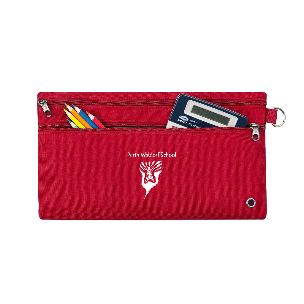 Harlequin red pencil case front angle displaying two zip compartments and D-ring with Perth Waldorf School logo