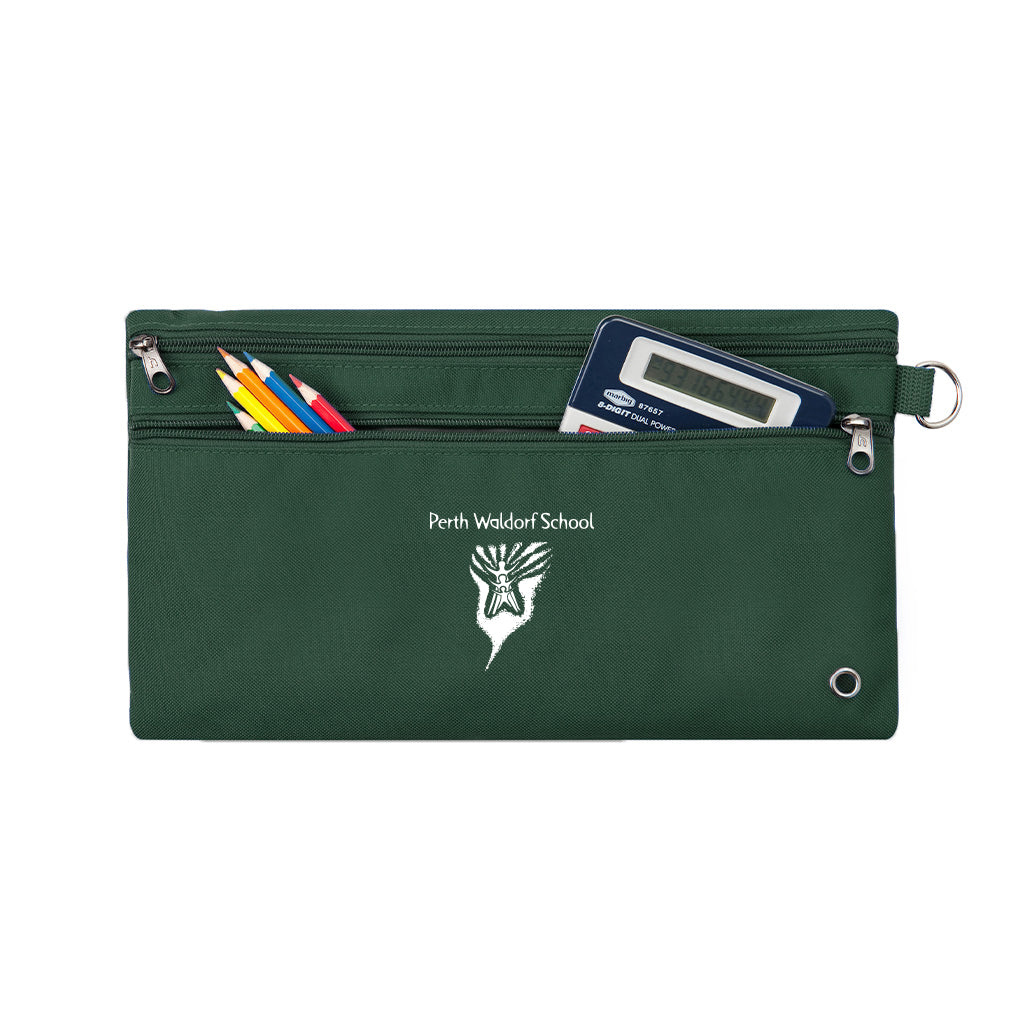 Harlequin green pencil case front angle displaying two zip compartments and D-ring with Perth Waldorf School logo