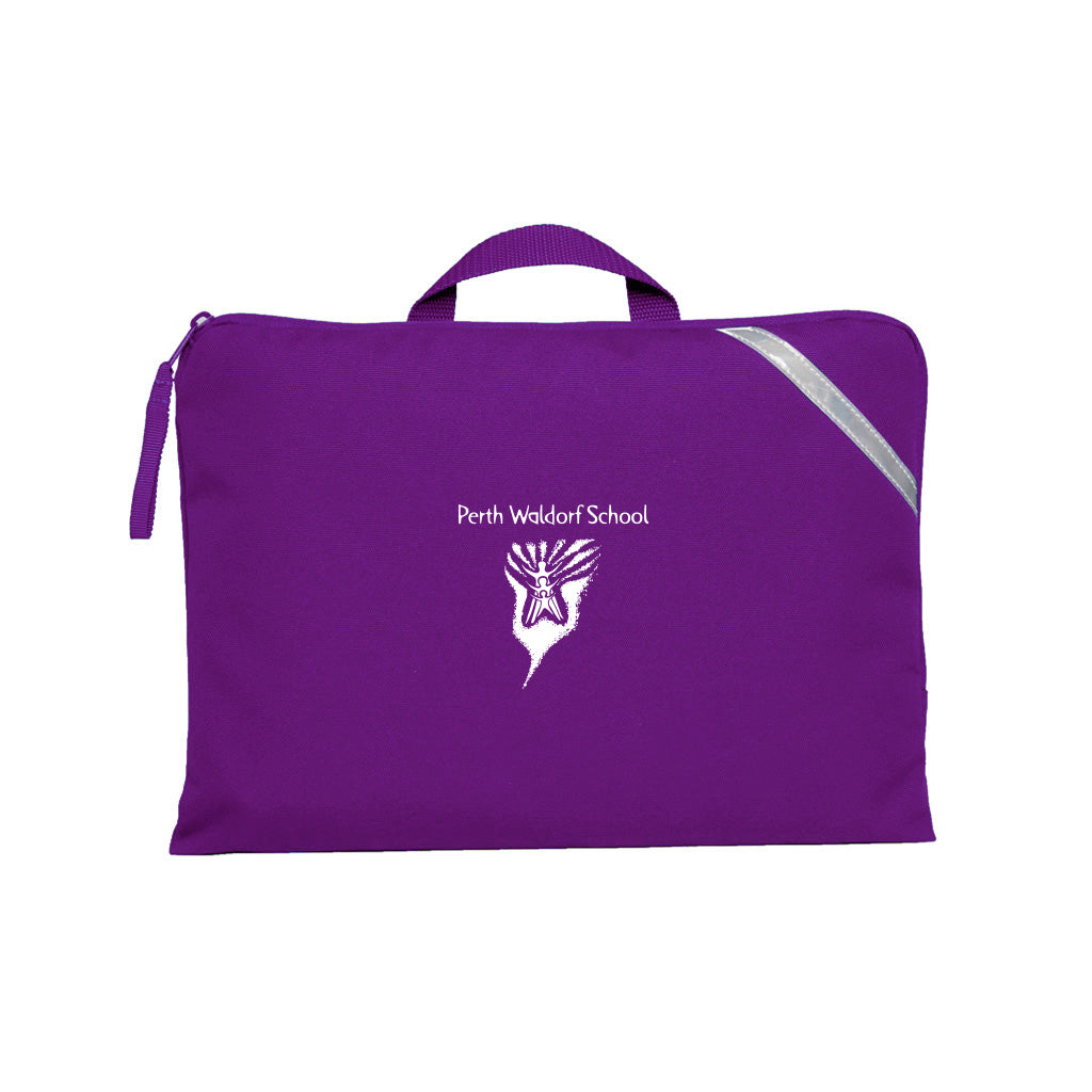 Purple Q Book Bag, with single zip opening, handle and reflective strips and Perth Waldorf School logo