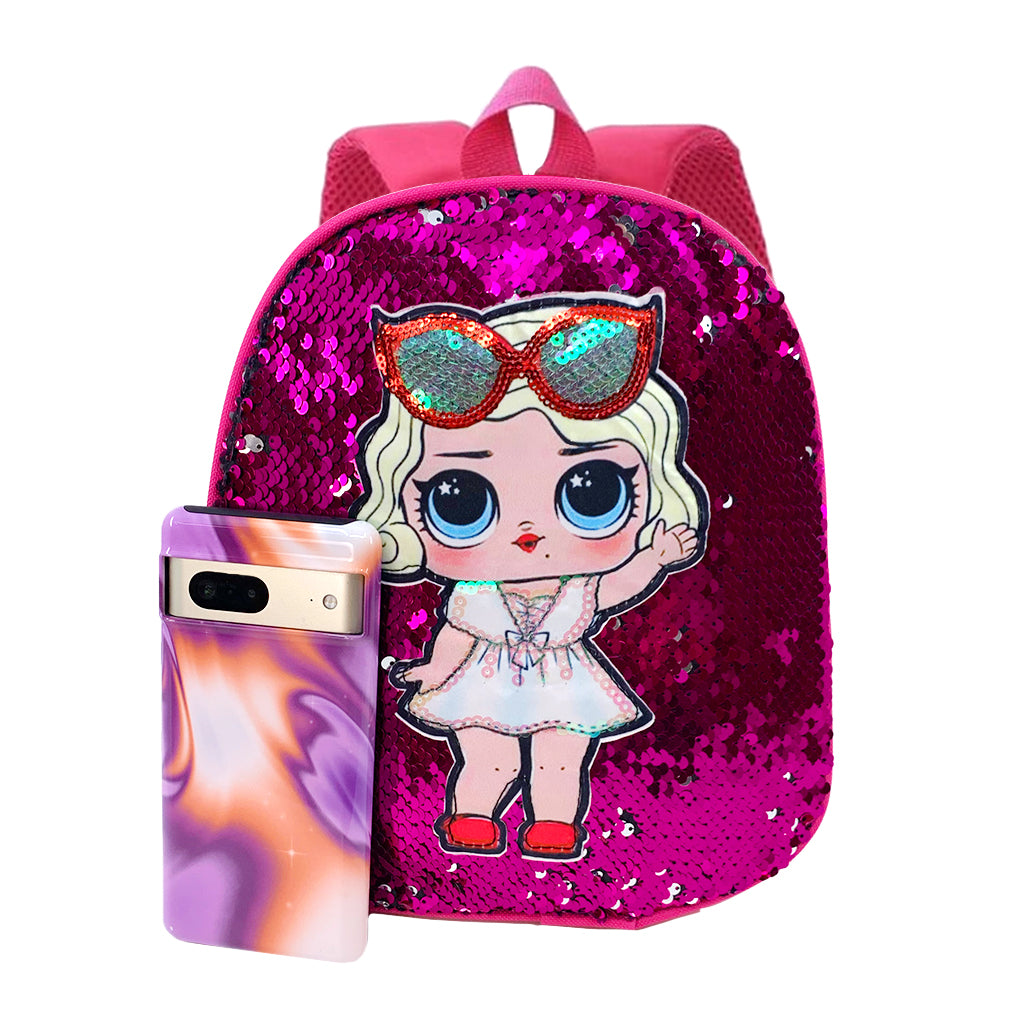 Pink Doll Sequins Mini Backpack in Hot Pink size comparison to a Google Pixel 7