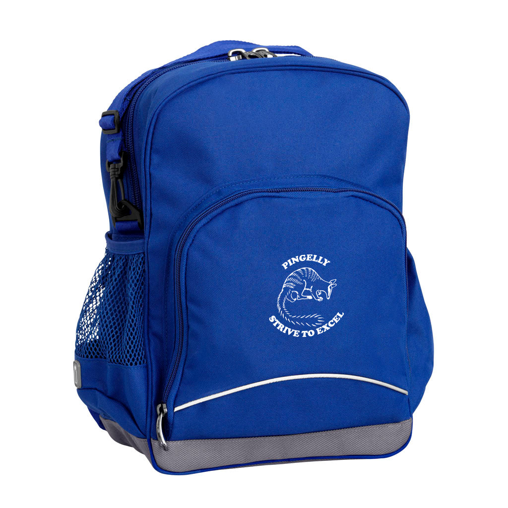 Pingelly Primary School front angle view of the Kindy Backpack in colour Royal Blue featuring a small front pocket, spacious main compartment with D-ring keychain, detachable shoulder strap, mesh water bottle pocket, and reflective piping for visibility