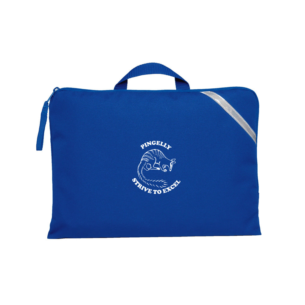 Royal Blue Q Book Bag, with single zip opening, handle and reflective strips and Pingelly Primary School logo