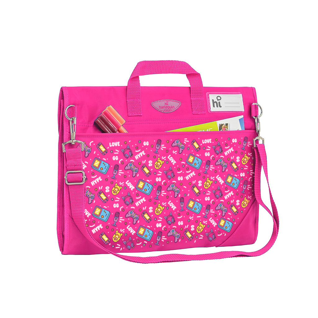 Harlequin Safety Library bag in Pink with Pixel Chick design from the Harlequin Creatix Signature Series. Back angle view displaying carry handle, D-Rings, name card sleeve, side pocket, reinforced corners and shoulder strap.