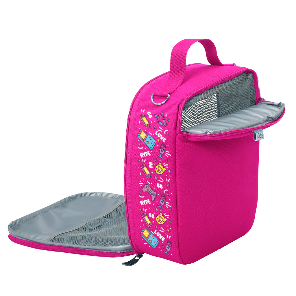 Harlequin Large Lunch bag in Purple with Pixel Chick design from the Harlequin Creatix Signature Series. Open back view displaying mesh cold brick pocket, insulated inner lining, top handle, D-Ring and quality zippers.