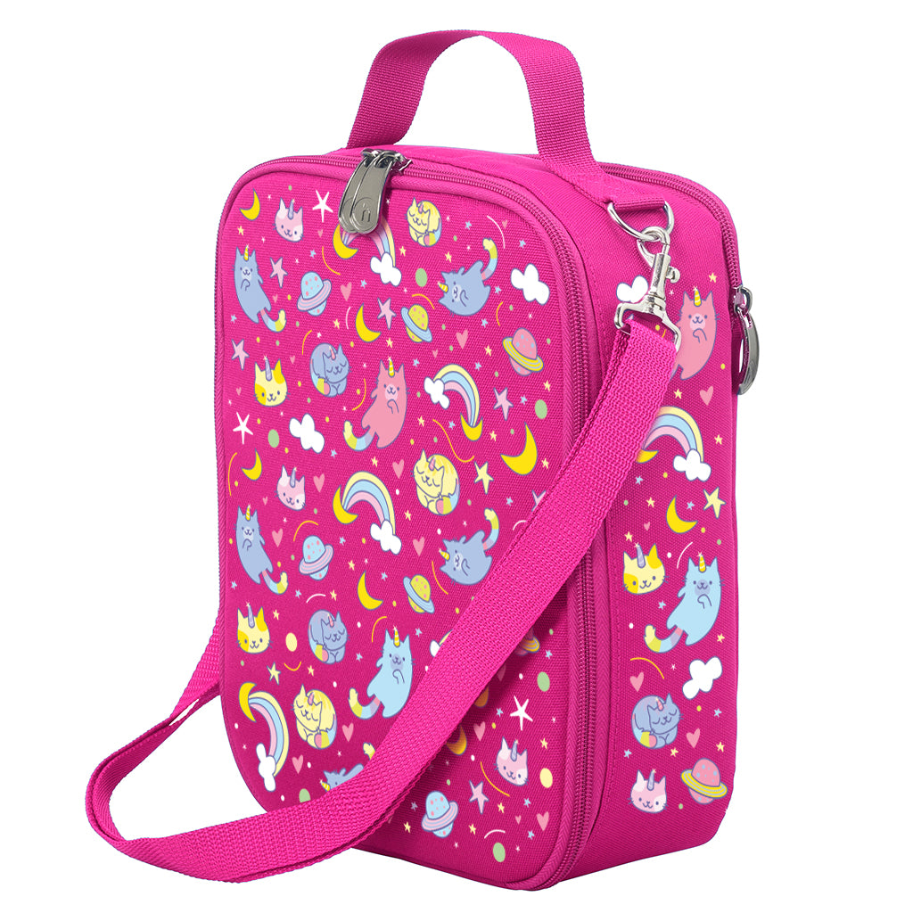 Harlequin Large Lunch bag in Pink with Kittycorn design from the Harlequin Creatix Signature Series. Front angle view displaying top handle, quality zippers and D-Rings with additional shoulder strap.