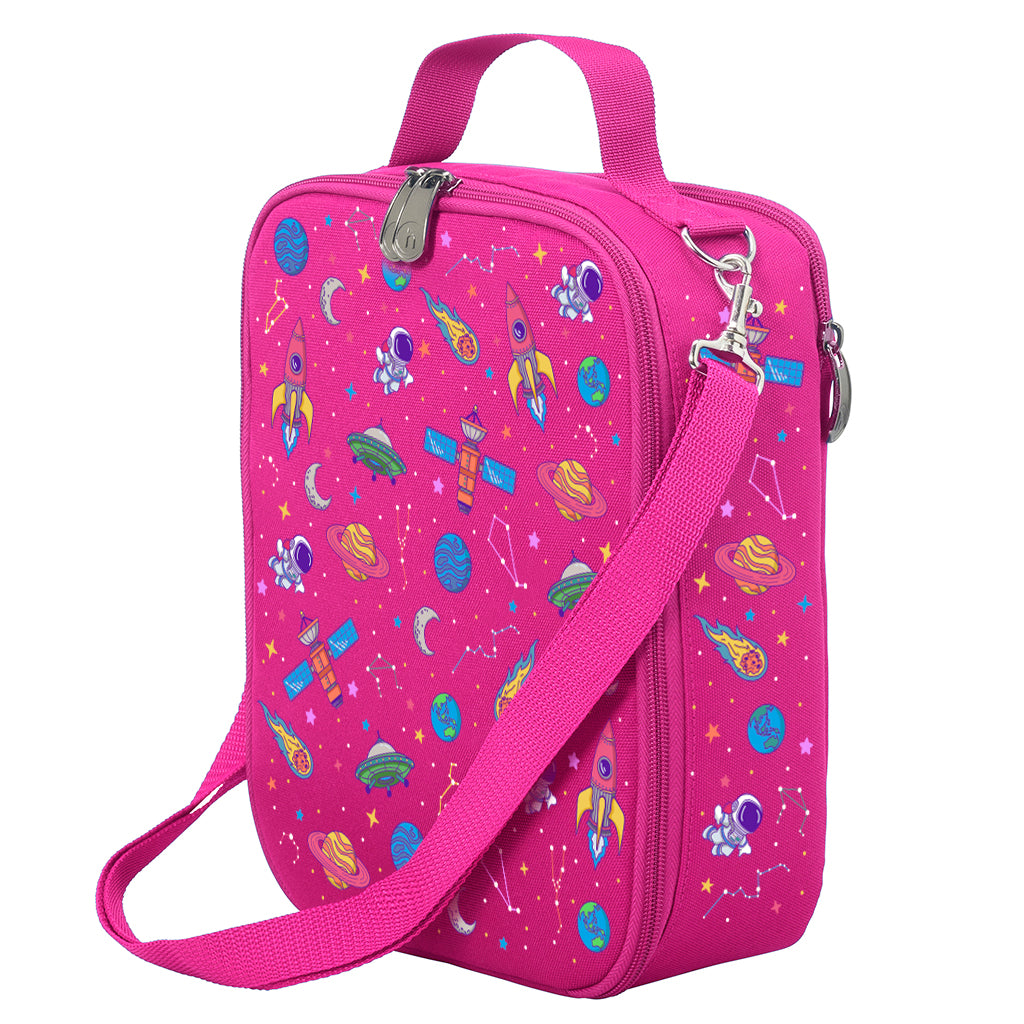 Harlequin Large Lunch bag in Pink with Galaxy Girl design from the Harlequin Creatix Signature Series. Front angle view displaying top handle, quality zippers and D-Rings with additional shoulder strap.