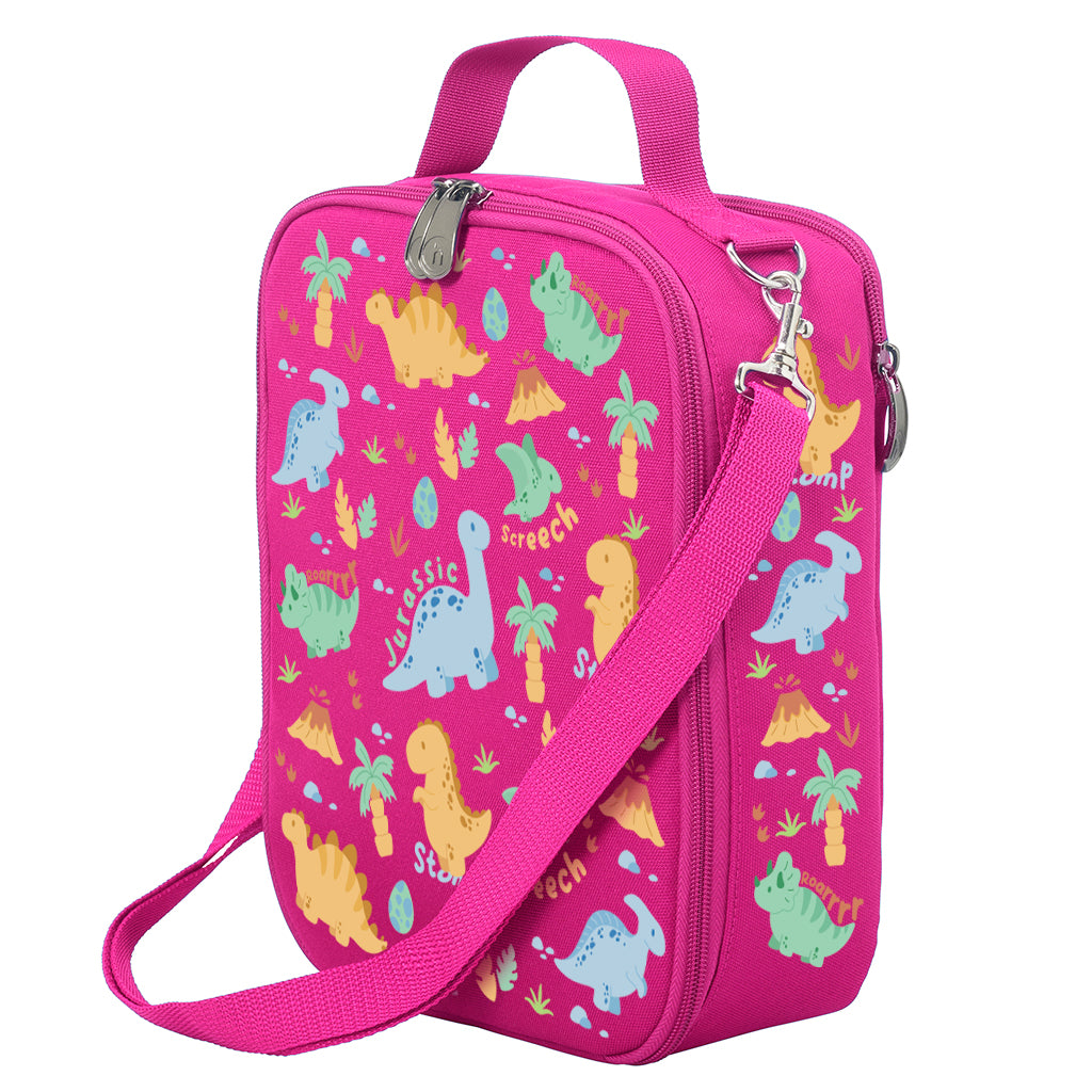 Harlequin Large Lunch bag in Pink with Jurassic design from the Harlequin Creatix Signature Series. Front angle view displaying top handle, quality zippers and D-Rings with additional shoulder strap.