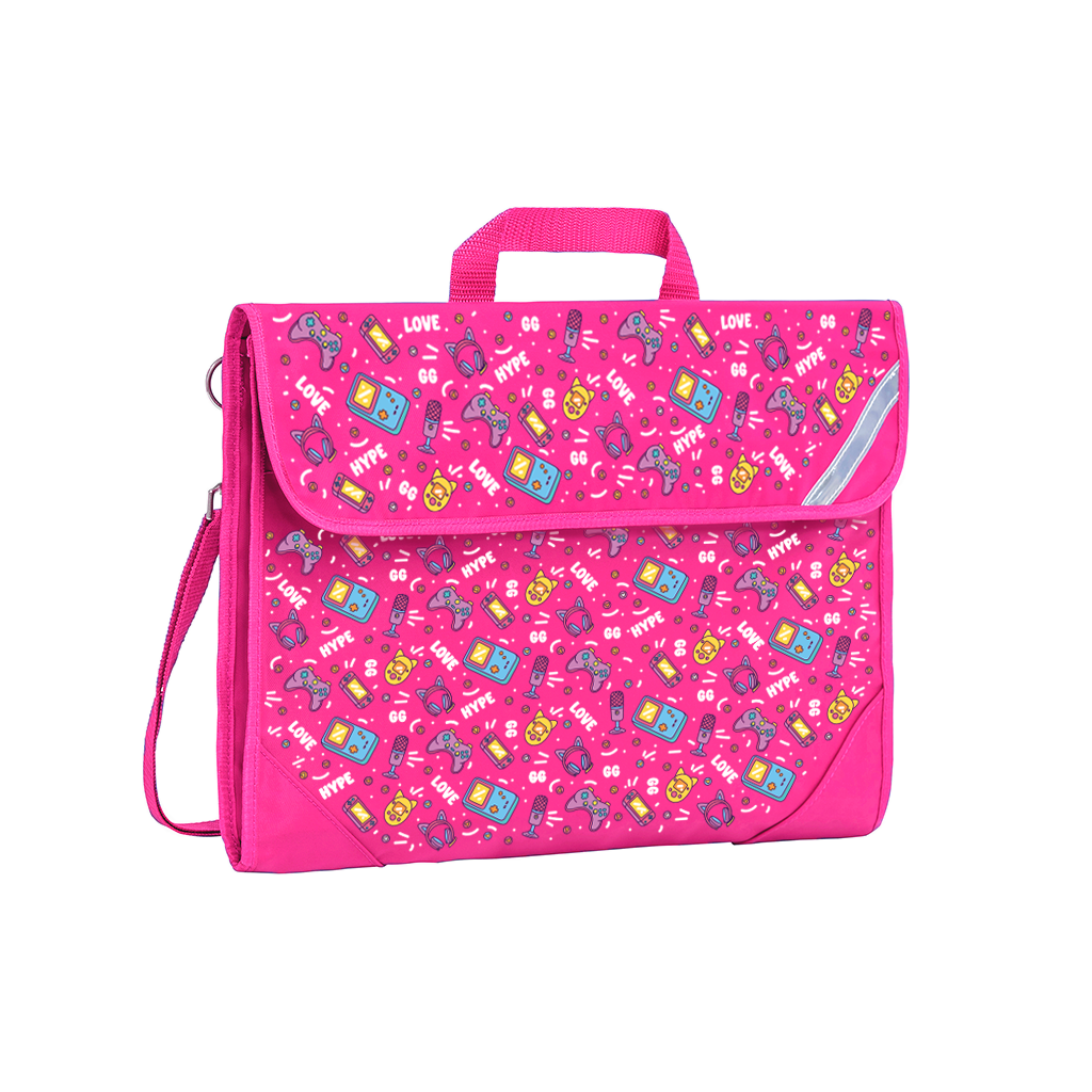 Harlequin Safety Library bag in Pink with Pixel Chick design from the Harlequin Creatix Signature Series. Front angle view displaying carry handle, easy open velcro strap, reflector safety strip, reinforced corners and shoulder strap.