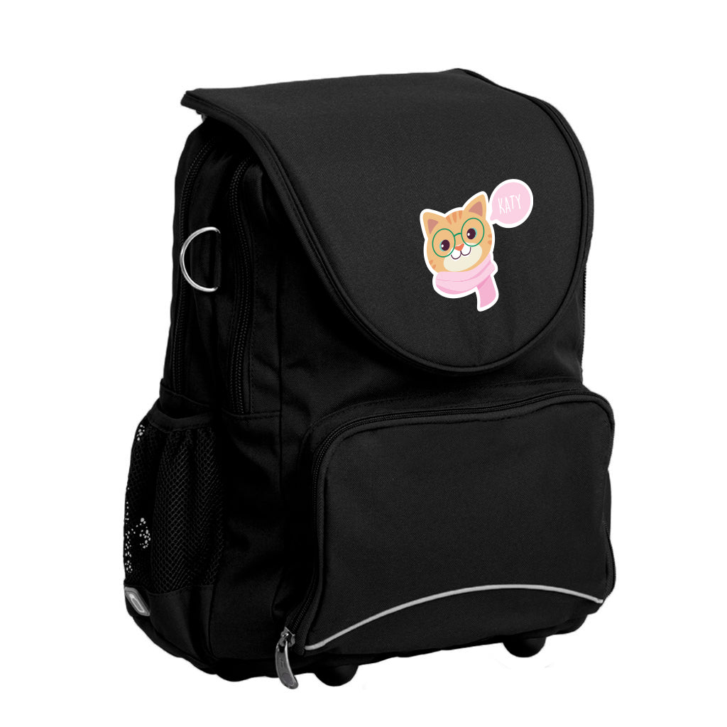 Harlequin Posture Tuff-pack backpack in black front side angle displaying detachable flap with personalisation, front pocket, D-ring, mesh water bottle holder