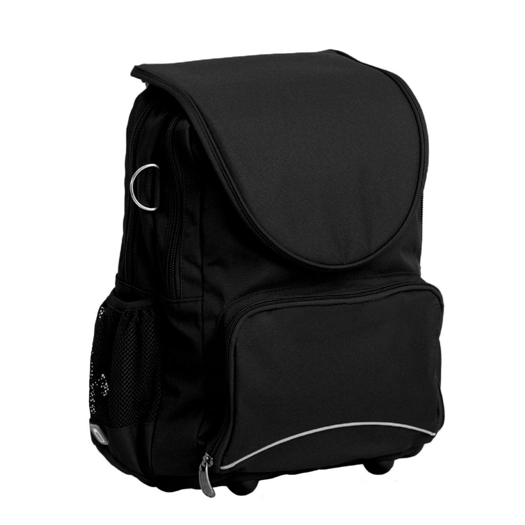 Harlequin Posture Tuff-pack in black front side angle displaying detachable flap, front pocket, D-ring, mesh water bottle holder