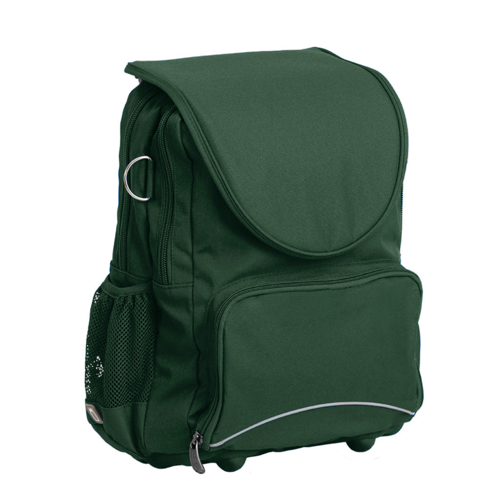 Harlequin Posture Tuff-pack in green front side angle displaying detachable flap, front pocket, D-ring, mesh water bottle holder