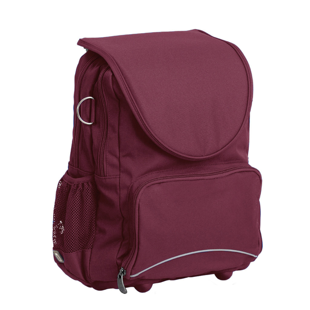 Harlequin Posture Tuff-pack in maroon front side angle displaying detachable flap, front pocket, D-ring, mesh water bottle holder