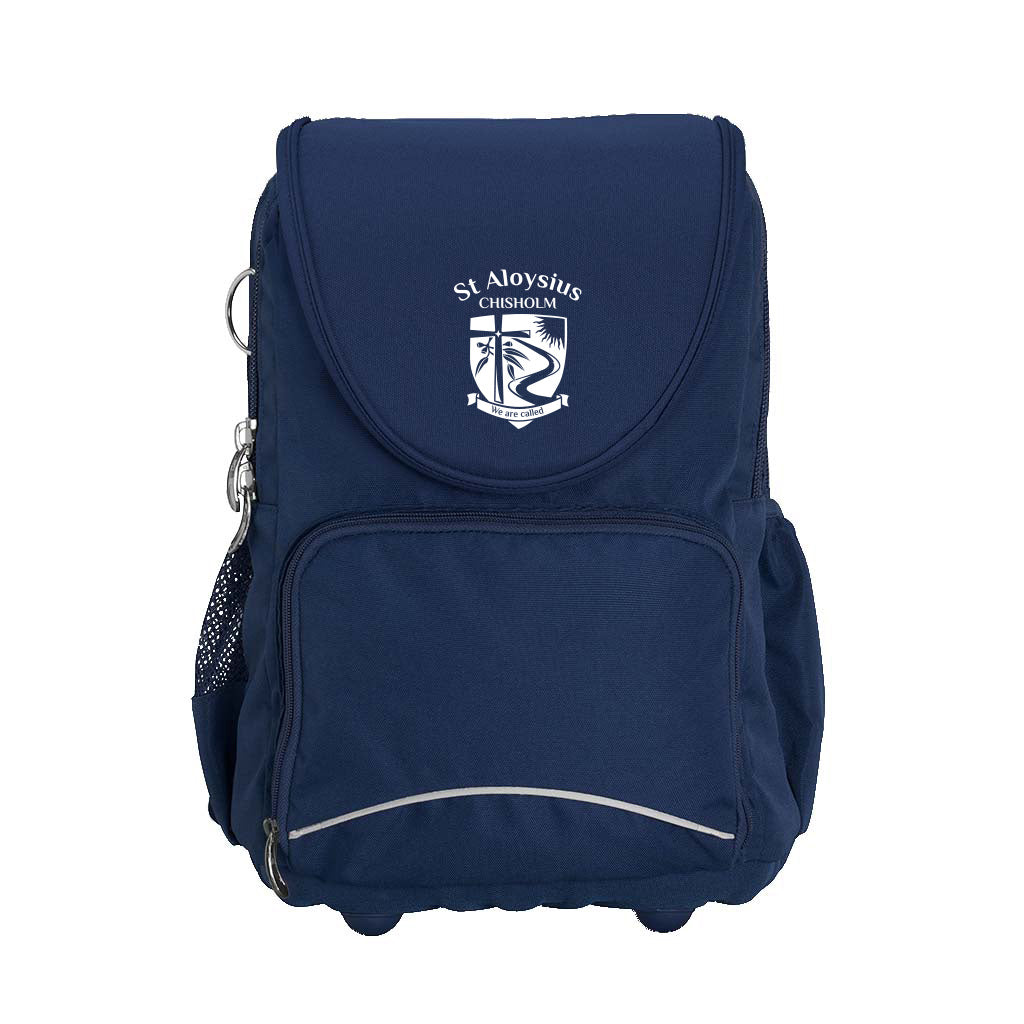 Harlequin Posture backpack in navy blue back front displaying detachable flap, front pocket, D-ring and Drink Bottle Holder with St Aloysius Chisholm School Logo.