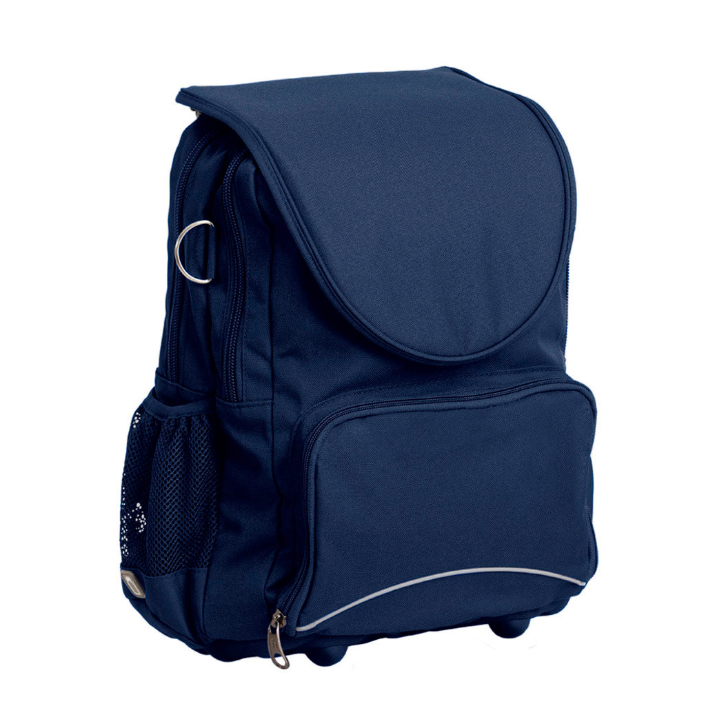 Harlequin Posture Tuff-pack in navy front side angle displaying detachable flap, front pocket, D-ring, mesh water bottle holder