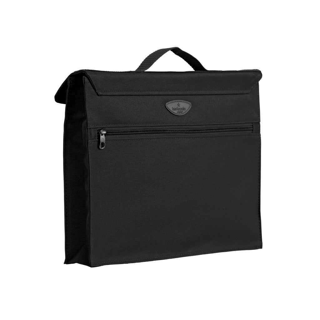 Back view of the Harlequin Premier Library Bag in Black displaying carry handle and velcro pocket opening