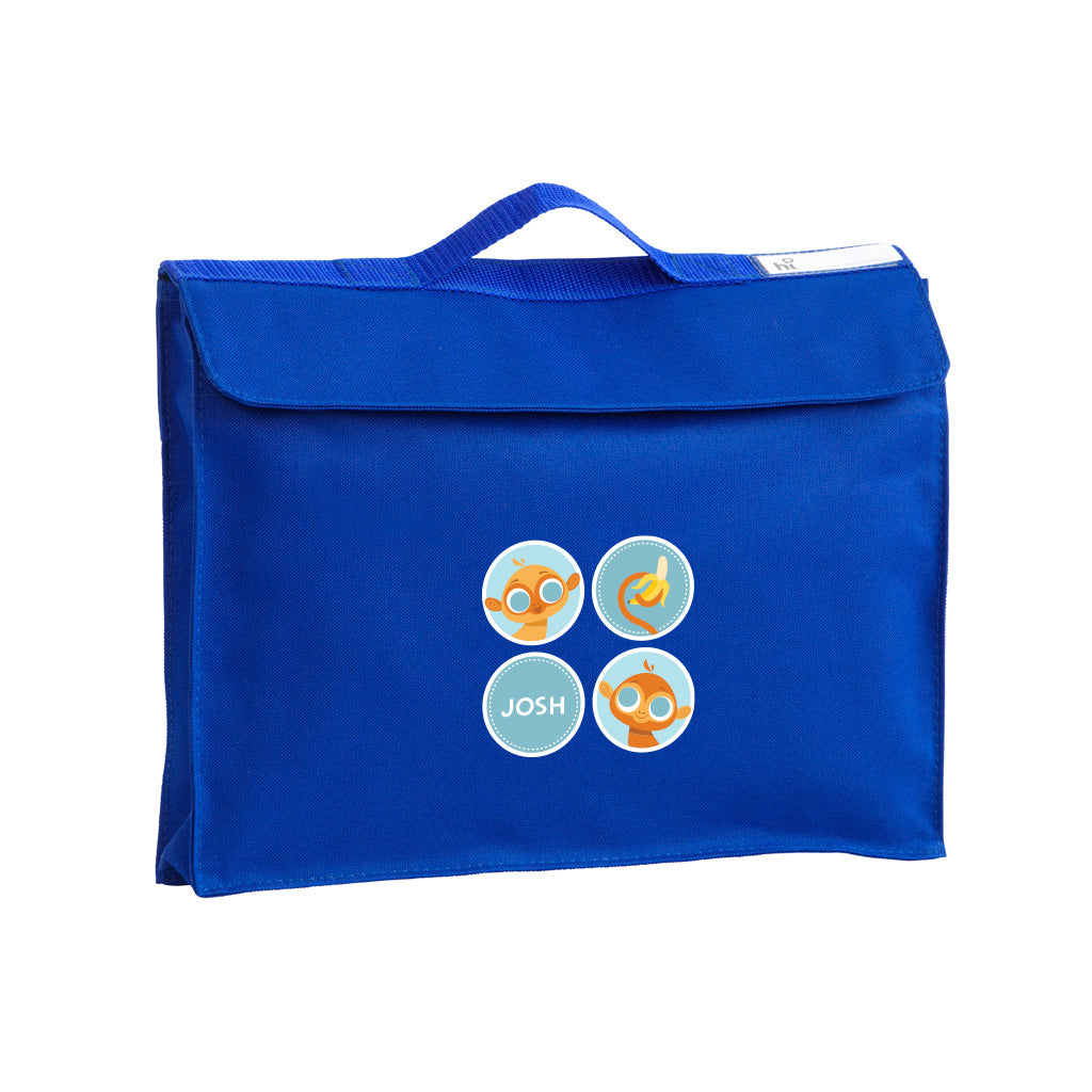 Harlequin Premier Library Bag in Royal displaying carry handle and velcro pocket opening with personalisation on front perfect for school