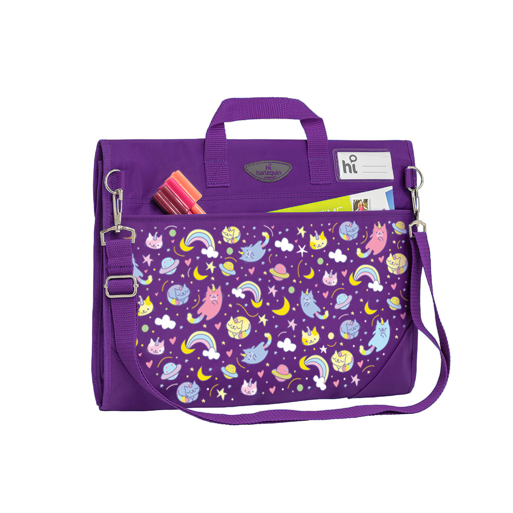 Harlequin Safety Library bag in Purple with Kittycorn design from the Harlequin Creatix Signature Series. Back angle view displaying carry handle, D-Rings, name card sleeve, side pocket, reinforced corners and shoulder strap.