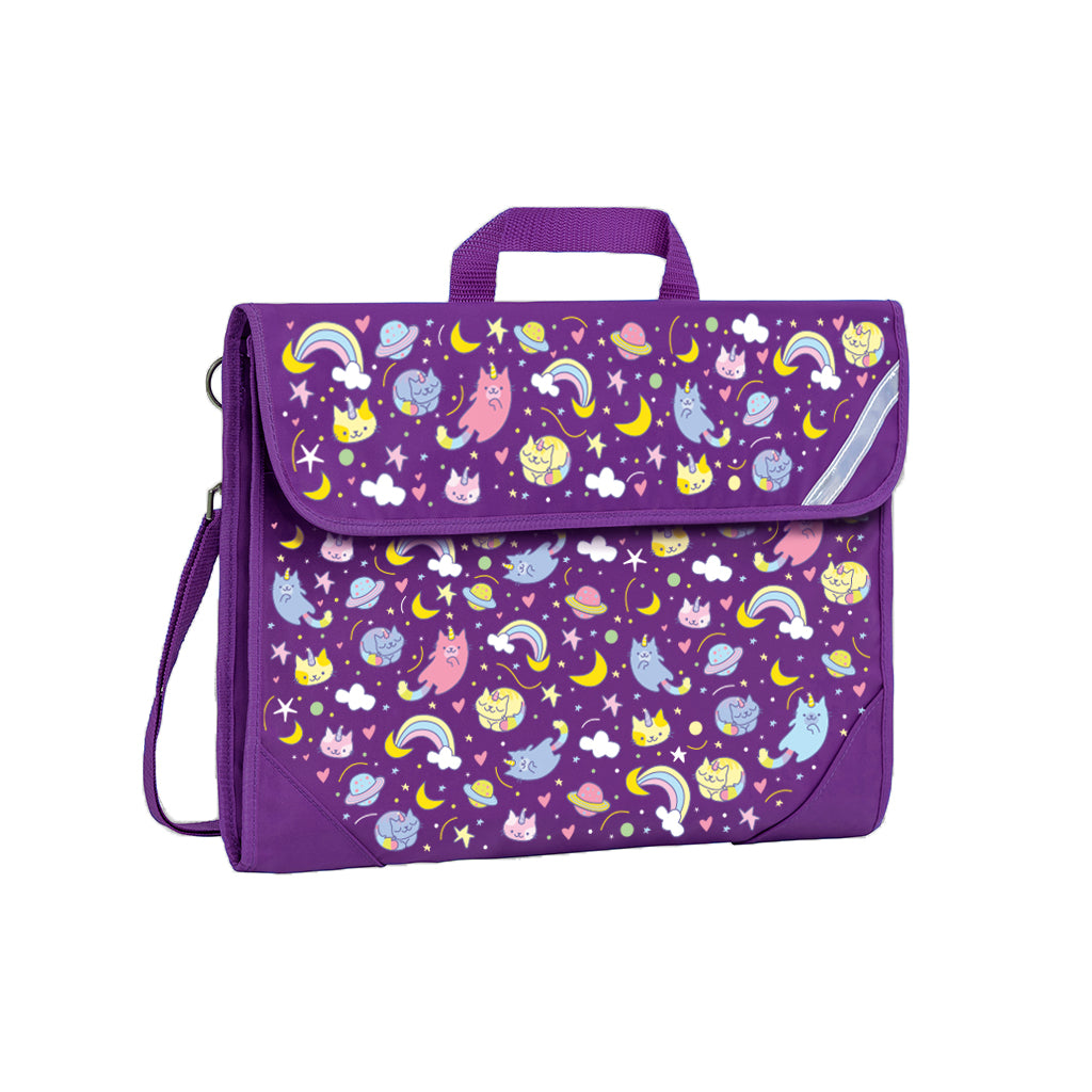 Harlequin Safety Library bag in Purple with Kittycorn design from the Harlequin Creatix Signature Series. Front angle view displaying carry handle, easy open velcro strap, reflector safety strip, reinforced corners and shoulder strap.
