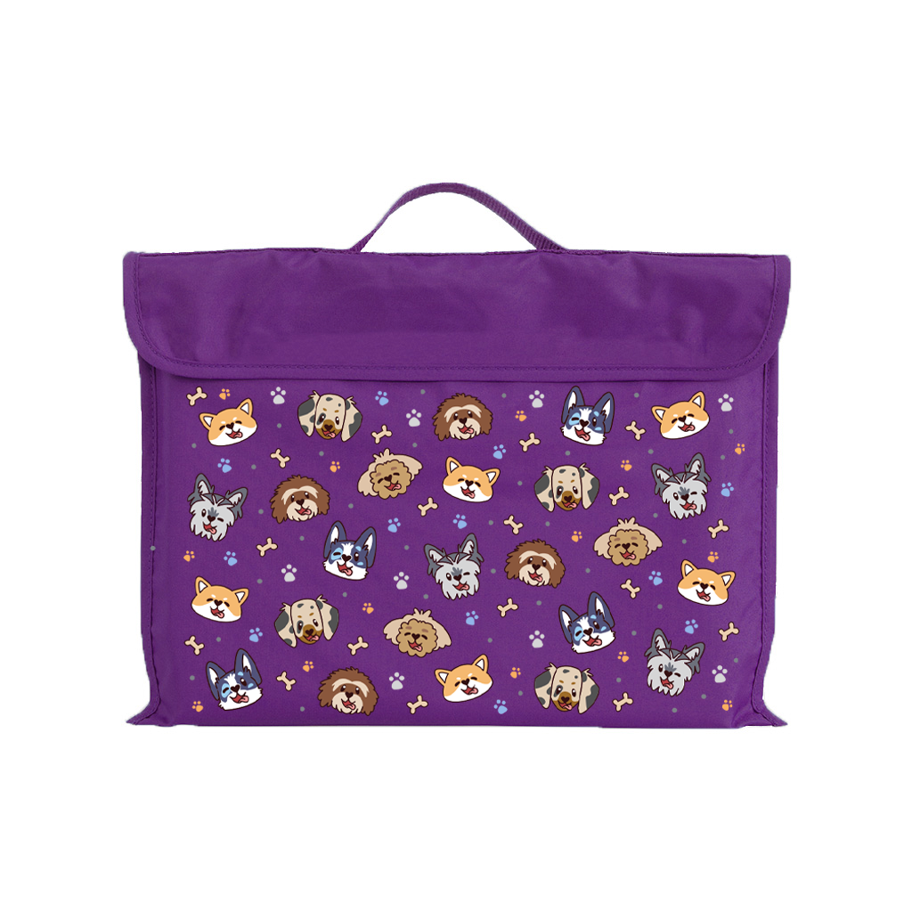 Harlequin Eco Library bag in Purple with Puppy Pals design from the Harlequin Creatix Signature Series. Front view displaying carry handle, velcro flap opening, and PET recycled water repellent fabric.