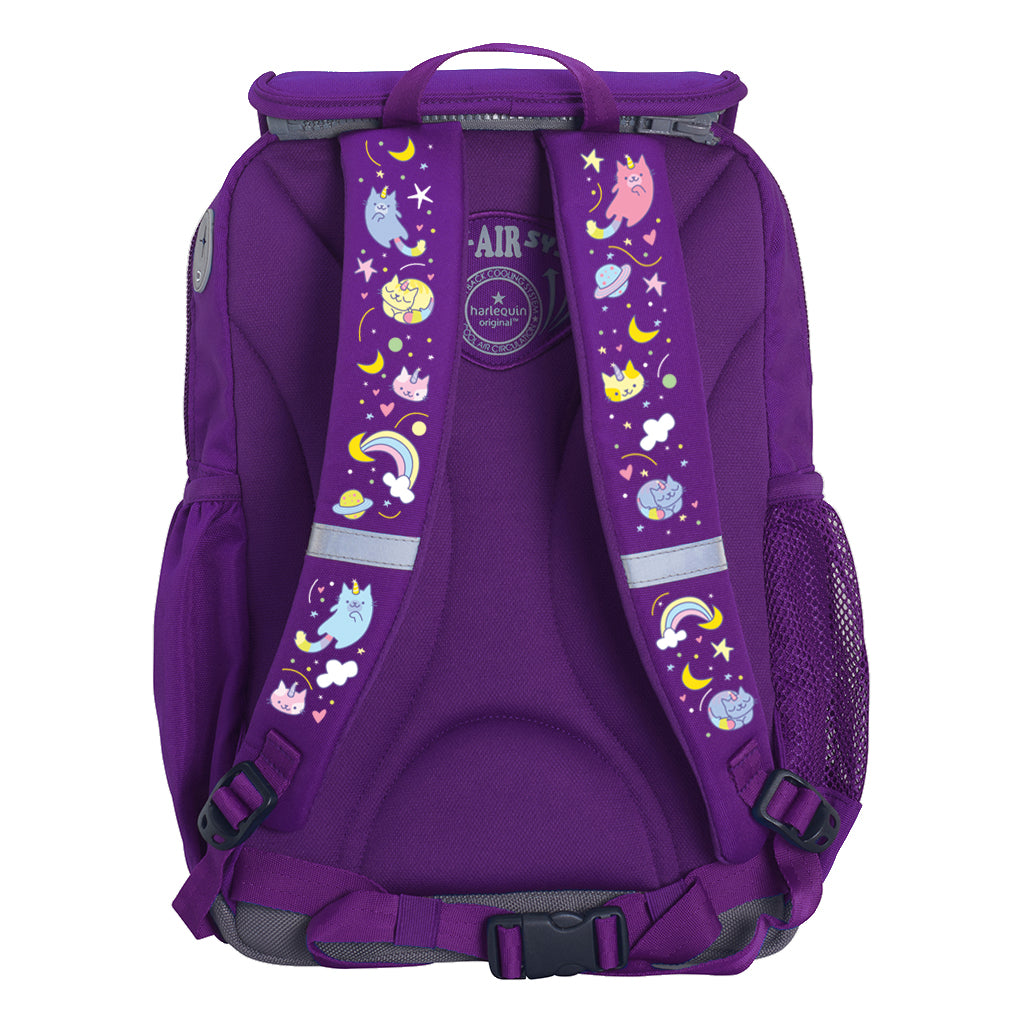 Harlequin Ergo Tuff-Pack backpack in Purple with Kittycorn design from the Harlequin Creatix signature series. Back view showcasing the Anatomic back panel, padded shoulder straps and waist strap.