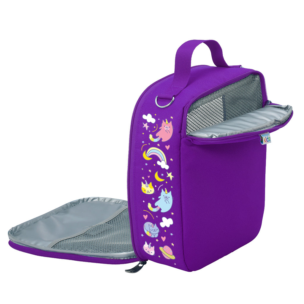 Harlequin Large Lunch bag in Pruple with Kittycorn design from the Harlequin Creatix Signature Series. Open back view displaying mesh cold brick pocket, insulated inner lining, top handle, D-Ring and quality zippers.