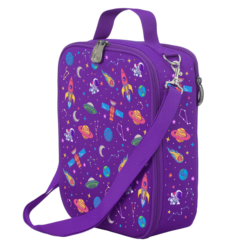 Harlequin Large Lunch bag in Purple with Galaxy Girl design from the Harlequin Creatix Signature Series. Front angle view displaying top handle, quality zippers and D-Rings with additional shoulder strap.