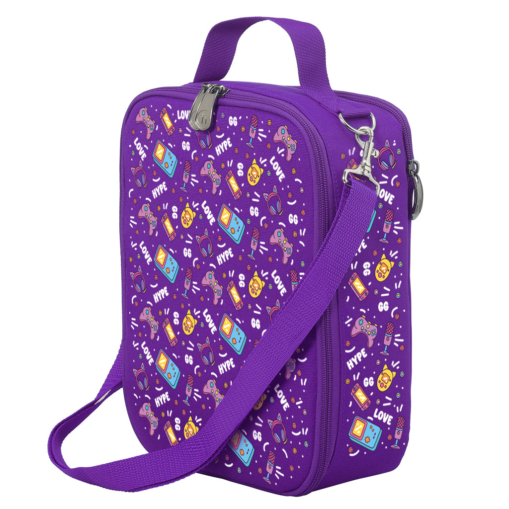 Harlequin Large Lunch bag in Purple with Pixel Chick design from the Harlequin Creatix Signature Series. Front angle view displaying top handle, quality zippers and D-Rings with additional shoulder strap.