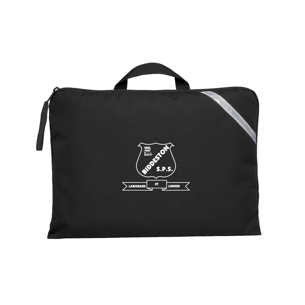 Black Q Book Bag, with single zip opening, handle and reflective strips and Biddeston State School logo