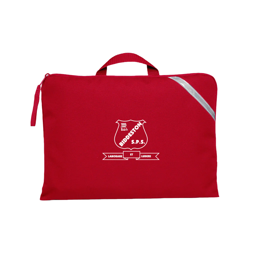 Red Q Book Bag, with single zip opening, handle and reflective strips and Biddeston State School logo