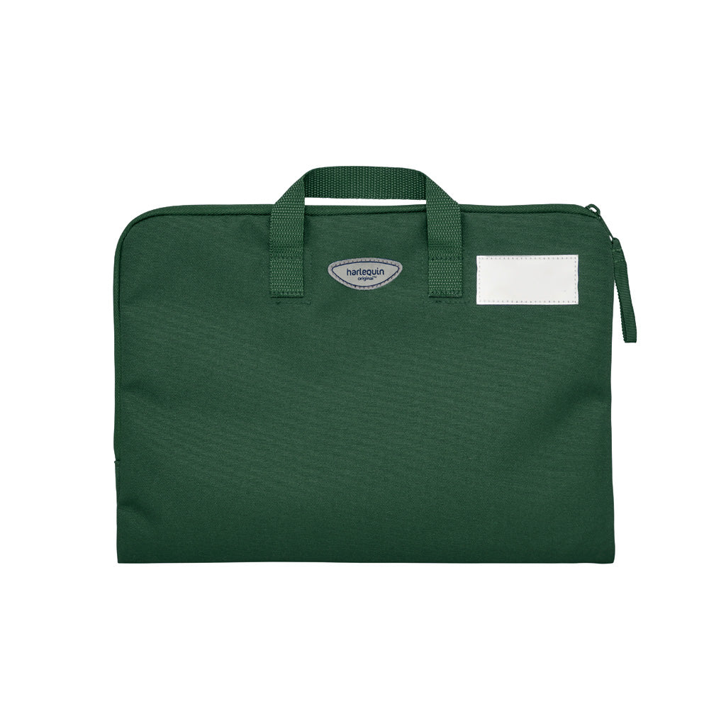 Green Q Book Bag, with single zip opening, handle and name bar
