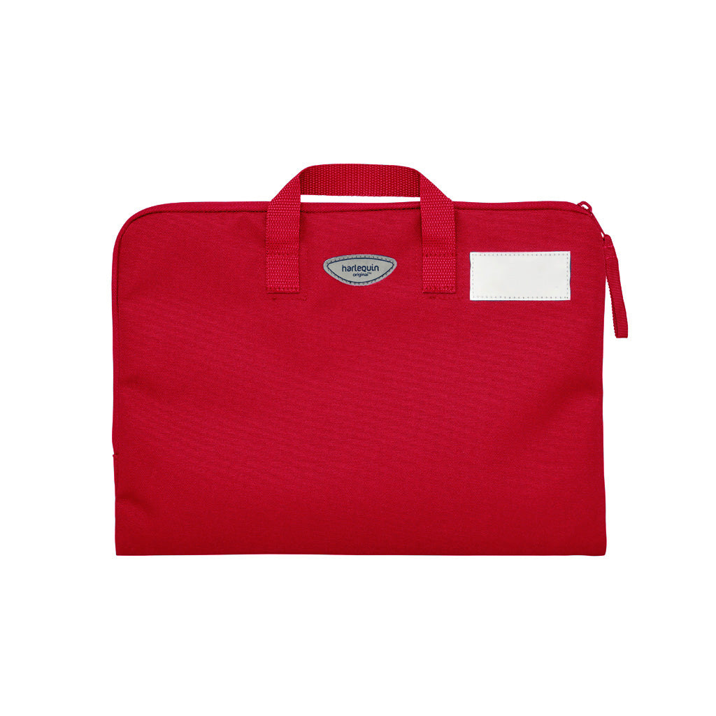 Red Q Book Bag, with single zip opening, handle and name bar