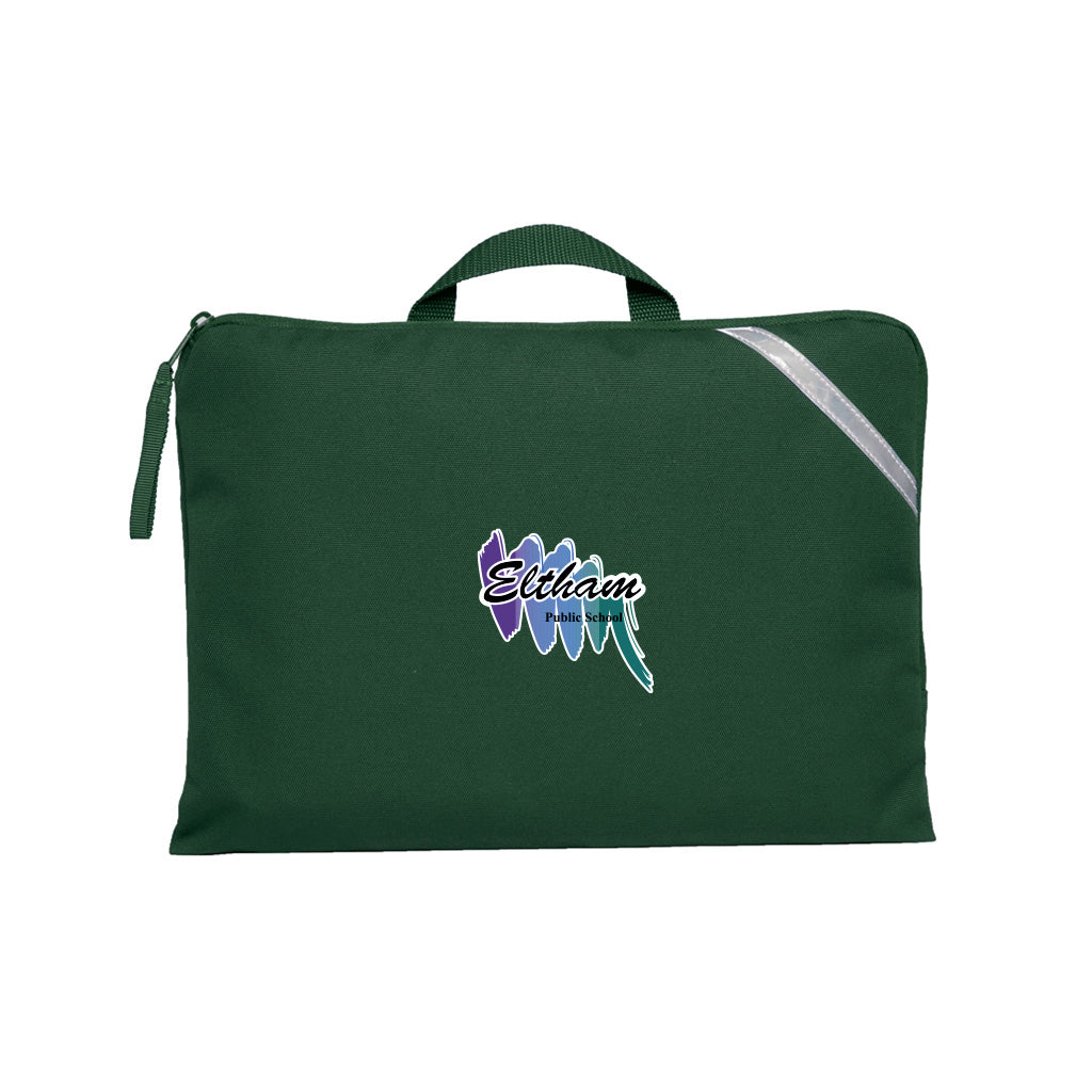 Bottle Green Q Book Bag, with single zip opening, handle and reflective strips and Eltham Public School logo