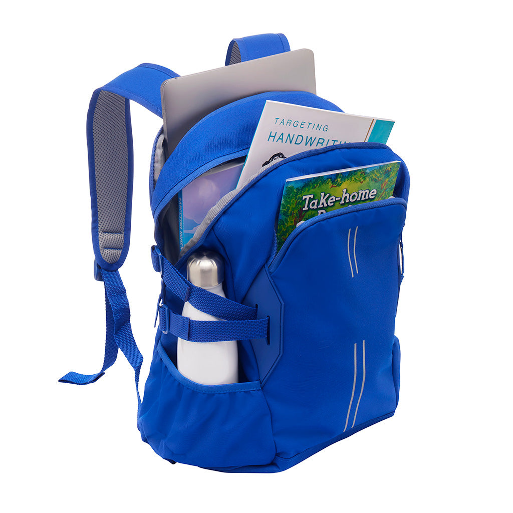 Royal Harlequin Quantum Backpack front open view with two compartments with zip closure, light reflectors on the front pocket and adjustable straps and bottle holder on the sides of the bag.