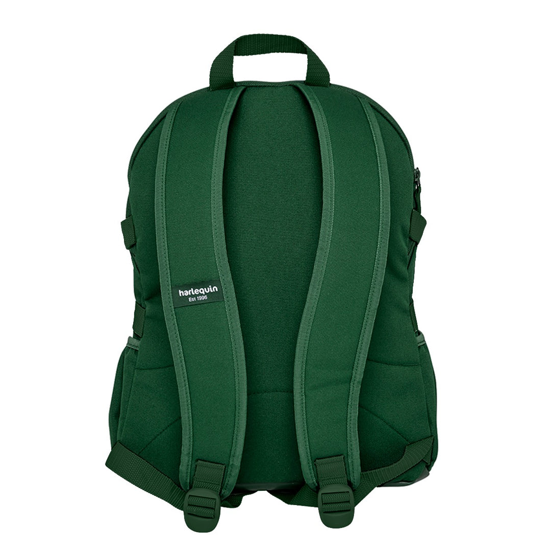 Bottle Green Harlequin Quantum Bag back view with two compartments with zip closure and padded back with adjustable shoulder straps