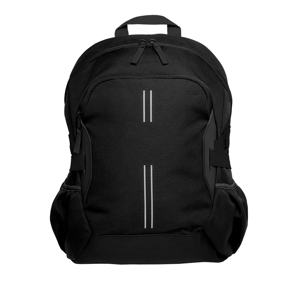 Black Harlequin Quantum Bag front view with two compartments with zip closure, light reflectors on the front pocket and adjustable straps and bottle holder on the sides of the bag.