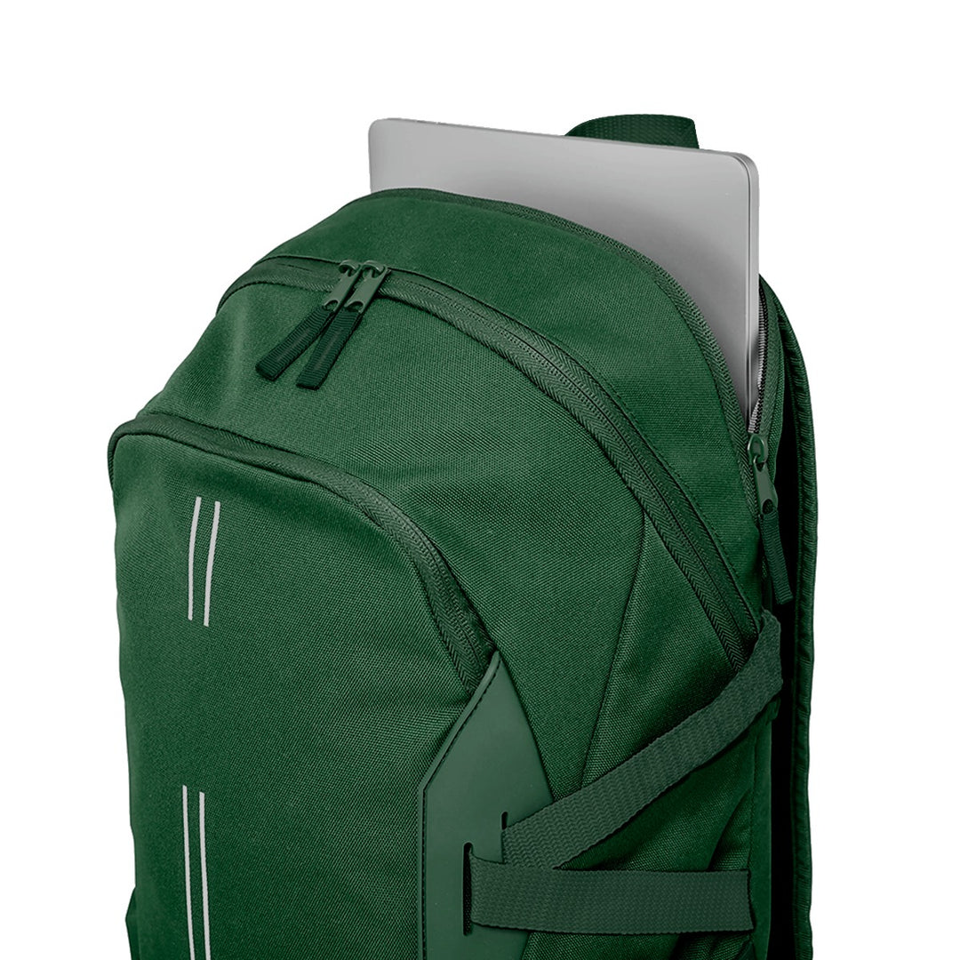 Bottle Green Harlequin Quantum Bag angled view with two compartments with zip closure, light reflectors on the front pocket and adjustable straps and hidden laptop pocket
