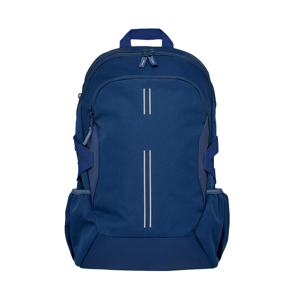 Navy Harlequin Quantum Bag front view with two compartments with zip closure, light reflectors on the front pocket and adjustable straps and bottle holder on the sides of the bag and Caboolture State High School logo