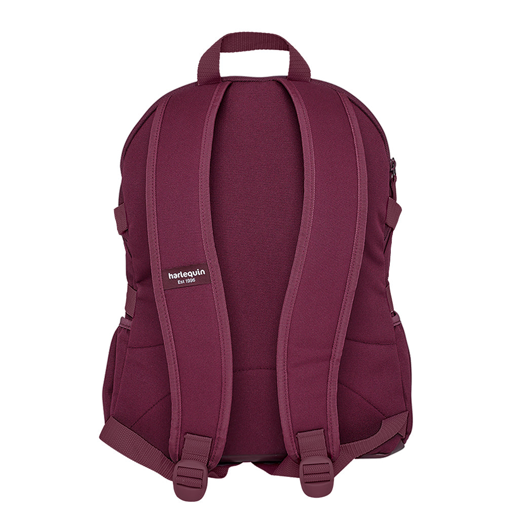 Maroon Harlequin Quantum Bag back view with two compartments with zip closure and padded back with adjustable shoulder straps