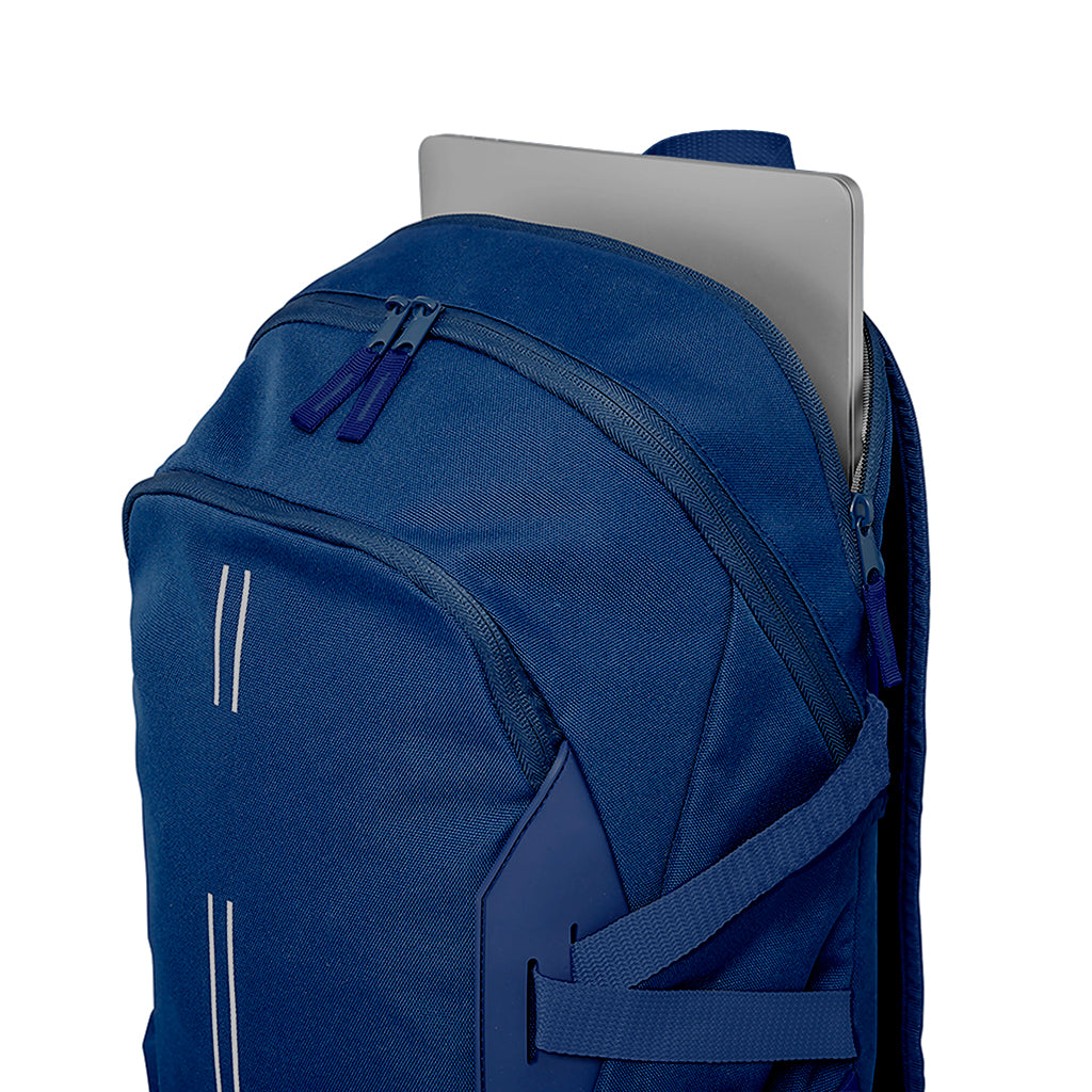 Navy Harlequin Quantum Bag angled view with two compartments with zip closure, light reflectors on the front pocket and adjustable straps and hidden laptop pocket