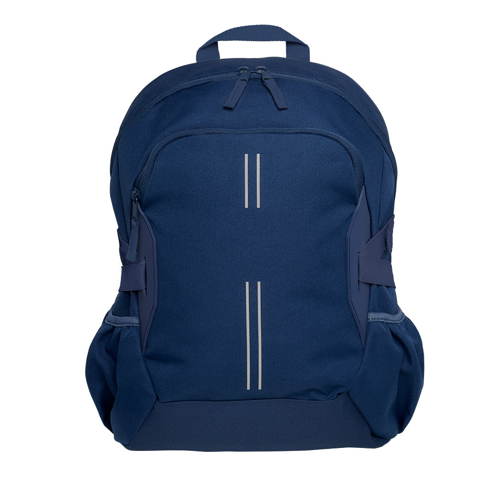 Navy Harlequin Quantum Bag front view with two compartments with zip closure, light reflectors on the front pocket and adjustable straps and bottle holder on the sides of the bag.