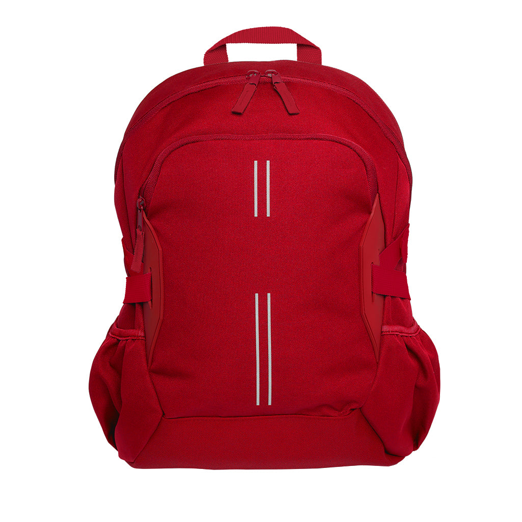 Red Harlequin Quantum Bag front view with two compartments with zip closure, light reflectors on the front pocket and adjustable straps and bottle holder on the sides of the bag.