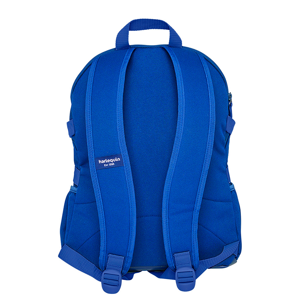 Royal Harlequin Quantum Bag back view with two compartments with zip closure and padded back with adjustable shoulder straps