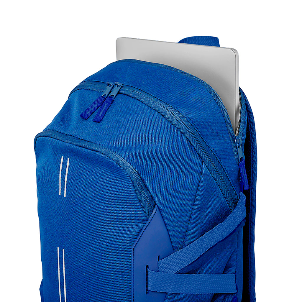 Royal Harlequin Quantum Bag angled view with two compartments with zip closure, light reflectors on the front pocket and adjustable straps and hidden laptop pocket