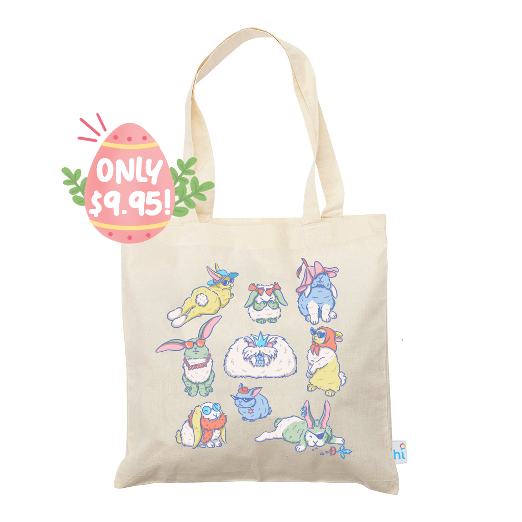 Harlequin Calico bag in natural colour, displaying cute and colourful bunny design with long shoulder straps.