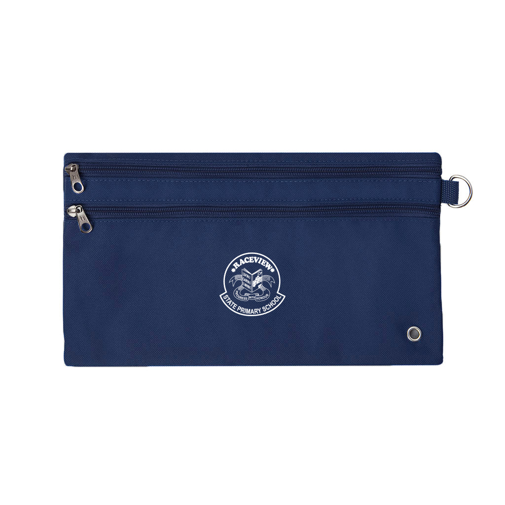 Harlequin Navy pencil case front angle displaying two zip compartments and D-ring with Raceview State School logo