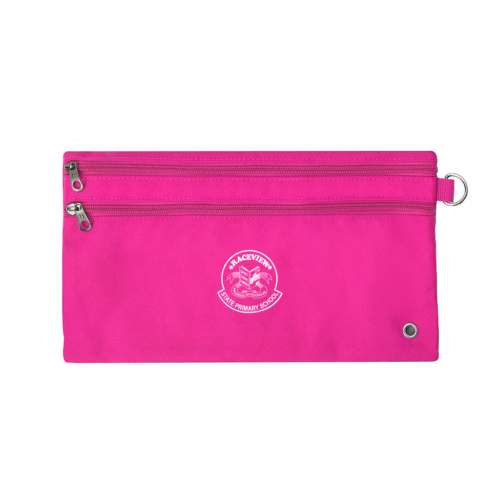 Harlequin pink pencil case front angle displaying two zip compartments and D-ring with Raceview State School logo