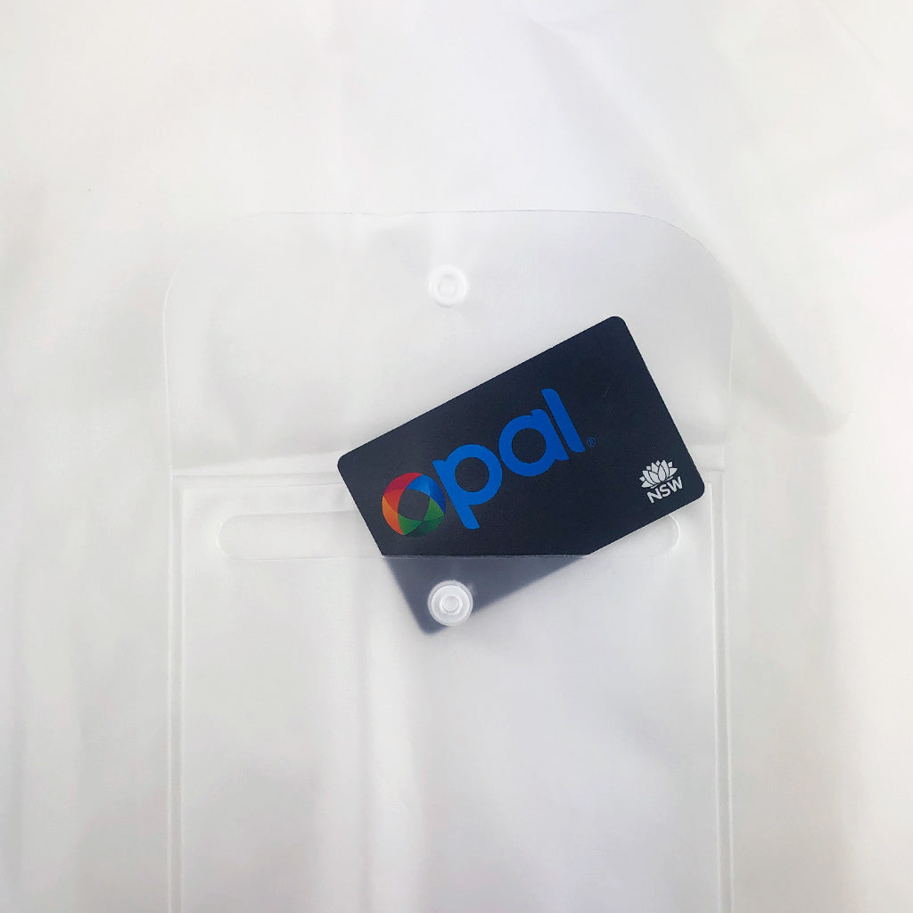 High quality transparent Raincoat close up of pocket containing opal card